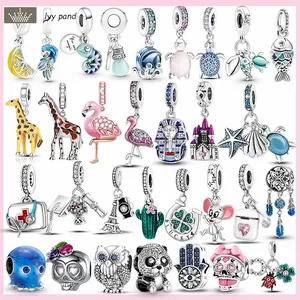 Pour les bijoux à breloques pandora 925 perles de charme accessoires flamant rose crâne perle hibou chat panda girafe ensemble de charme P