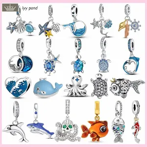 Pour bijoux à breloques pandora 925 perles breloques accessoires Bracelet tortue de mer étoile de mer bleu dauphin pieuvre coquille ensemble de breloques