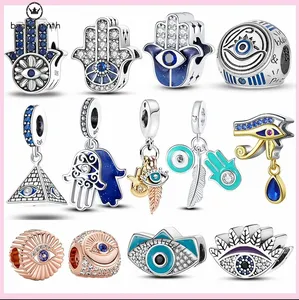 Para pandora charms cuentas de plata esterlina Demon Evil Eyes Blue Fatima Hand charm set Colgante