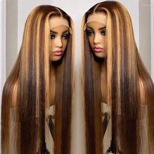Pour les femmes 30 pouces Ombre Lace Front Wig Straight Brown Colored Human Hair Highlight Honey Blonde Wigs