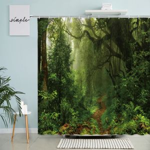 Coundre de douche de paysage de forêt Sunlight Trees Plantes vertes Misty Natural Landscape Salle de bain Accessoires avec écran de crochet lavable