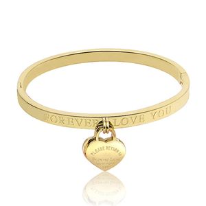 Forever Love Bangle Pulsera de corazón de melocotón doble Pulsera en forma de corazón para mujer Pulsera de oro rosa de acero de titanio