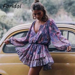 Foridol Cockcomb coton bohème robe femmes à manches longues printemps automne plage violet robe courte imprimé fleuri tenue décontractée 210415