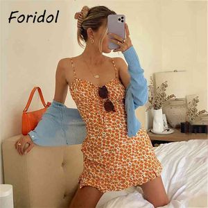 Foridol Floral Print Backless Boho Strap Dress Mujeres Short Orange Beach Summer Ruffle Casual Bohemian Cotton Mini Sundress 210415