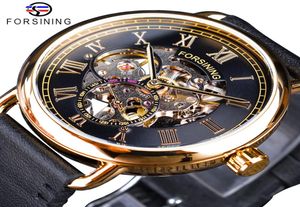 Forsining Black Black Golden Faolwork Watches Skeleton Mens Mechanical Wristwatches Top Brand Luxury Black Genuine Leather4811279