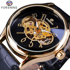 Forsining Classic Creative Skeleton Design Golden Case Transparente Open Work Men Watch Top Brand Luxury Mechanical Wristwatch209Q