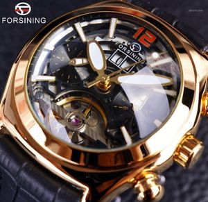 Forsining verre convexe élégant Tourbillon 3D bracelet en cuir véritable hommes montres haut automatique montre Clock1
