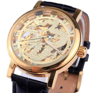 Reloj Mecánico Forsining Dragon para hombre, caja de oro negro, correa de cuero, relojes huecos, esqueleto superior, reloj masculino274V