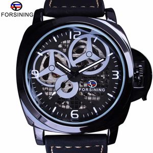 Forsining Full Black watch Skeleton Case Windmill Designer Suede Strap Military Watch Men Watch Top Brand Luxury Automatic Wrist W253M