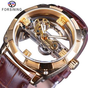 Reloj Automático Forsining para hombre, correa de cuero marrón con bisel dorado transparente de doble cara, reloj mecánico de lujo con esqueleto SLZe1282l