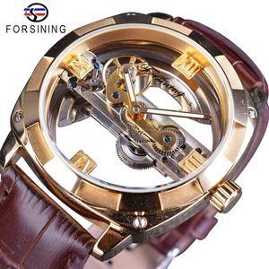 Forsining Men Reloj automático Doble lado transparente Bisel dorado Barrio de cuero marrón marca de esqueleto mecánico de lujo SLZE1259F