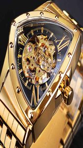 Forsining Men Skeleton Automatic Mechanical Watch Gold Vine Man Watch Triangle Wall Winches Luxury Irregular Reloj Negro Dial5405322