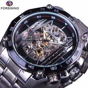 Forsining militaire montre Sport Design automatique Transparent argent acier inoxydable squelette hommes montres mécaniques Top marque de luxe