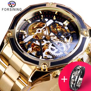 Reloj Forsining + Conjunto de pulsera Combinación Steampunk Gear Transparente Automático Oro Acero inoxidable Esqueleto Relojes de lujo para hombres