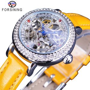 Forsining jaune cuir Transparent fleur dos squelette couronne royale mode dame diamant luxe femmes montres mécaniques Clock272f