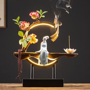 Lampes à parfum en céramique dames fleur cascade reflux brûleur d'encens avec lumière LED bouddha zen salon cônes porte-bâton décor encens