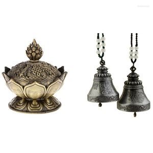 Lampes de parfum Lotus Encens Smoke Cone Aroma Burner Poêle Backflow Encenseur avec 2pcs Chinois Vintage Dragon Phoenix Wind Chime Bell