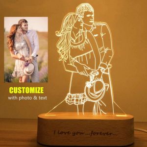 Marco personalizado personalizado marco de fotos de madera foto texto personalizado USB LED lámpara 3D dormitorio noche luz boda aniversario cumpleaños Gi