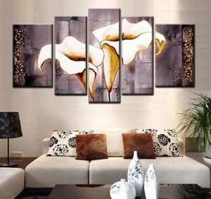 Enmarcado 5 paneles grandes pintados a mano flor moderna lienzo pintura al óleo conjunto gris cala lirio hogar sala de estar decoración pared arte imagen AMP9