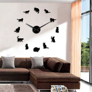 Chats sans cadre Silhouette Wall Art Horloge Montre Chatons 3D DIY Horloge Murale Chat Ludique Forme Grandes Aiguilles Fille Chambre Kit Décoration 201202