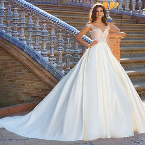 Vestido De novia De satén francés, línea A, Vestidos De Casamento, cuello festoneado, manga casquillo, vestido De novia con enagua Hochzeitskleid