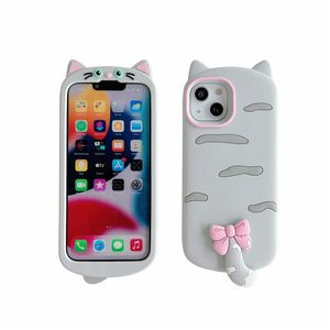 DHL gratuit en gros Dessin animé bowknot queue de chat Cas 3D Cas Pour iphone 14 Plus 13 12 11 Pro Max enfants Animal Mignon Doux silicone Protection Téléphone Couverture gir