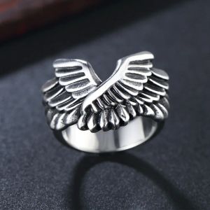 Anillo de ala de Ángel de la libertad, anillo de motorista de oro blanco de 14 quilates con ala Punk, joyería para hombres