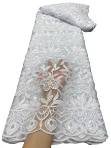Tela de encaje francés vestido de novia blanco mujeres africanas fiesta lentejuelas ropa costura 2023 alta calidad 5 yardas textil nigeriano señora noche cena ropa YQ-4126