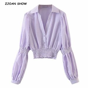 Solapa francesa V cuello lavanda comprobar camisa a cuadros retro larga oveja pierna manga soplo mujer blusa tops cortos púrpura 210429