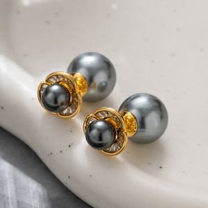 Boucles d'oreilles en perles grises pour femmes, mode printemps français, clou d'oreille plaqué or, plein de diamants, bijoux de styliste E2024-5