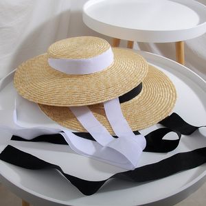 Français Vintage Hepburn chapeau de paille été vacances plage casquettes Long ruban élégant casquette plate crème solaire pansement large bord chapeaux