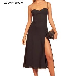 Vestido de mujer francés Color negro sólido vendaje con cordones correa de espagueti vestidos con abertura a media pantorrilla fiesta moda ropa femenina 210429