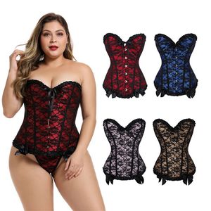Frill Lacy Corset Top Femmes Sexy Plus Size S-6XL Burlesque Jacquard Lace Overlay Lace-up Overbust Club Dance Party Corset Bustier