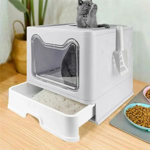 Bac à litière pour chat avec couvercle, entrée avant et sortie supérieure, grandes boîtes pliables pour chats, toilettes avec cuillère en plastique 240320