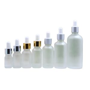 Botella cuentagotas de vidrio escarchado Tapa dorada plateada Tapa de goma blanca Envase de embalaje cosmético vacío Viales de aceite esencial 5 ml 10 ml 15 ml 20 ml 30 ml 50 ml 100 ml