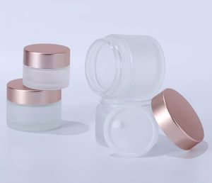 Frasco de crema de vidrio esmerilado Botella cosmética transparente Loción Envase de bálsamo labial con tapa de oro rosa 5g 10g 15g 20g 30g 50g 100g SN3335