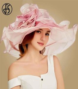 FS 2019 Pink Kentucky Derby Hat for Women Organza Sun Hats Flowers Elegant Summer Grande Iglesia de boda de Brim Ladies Fedoras Y28397493