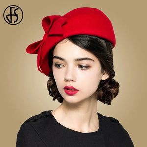 FS elegante boina de lana para mujer tocados de fieltro Fedora rojo para mujer sombreros de iglesia blanco negro boda sombrero de mujer gorras con lazo pastillero sombrero 231225