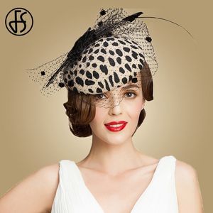 FS Fascinators Sombrero pastillero de leopardo negro con velo 100% de fieltro de lana australiana Sombreros de boda Mujeres Vintage Bow Cocktail Fedoras Y200102