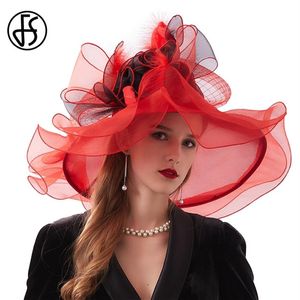 FS Fashion Kentucky Derby Sombreros Wedding Tea Party Fascinators para mujeres Organza Large Wide Brim Ladies Summer Beach Sun Hat Y200602209D