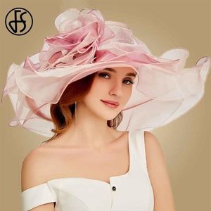 FS Pink Kentucky Derby Hat para mujer Organza Sun Hats Flowers Elegant Summer Large Wide Brim Ladies Wedding Church Fedoras T200602289z