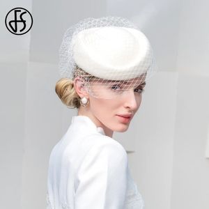 FS White Beret Mariage de luxe British Top Hats for Women Elegant Church Wool Fedoras with Veil dames Black Cap Femme 240412