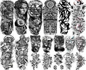 Manga de tatuajes temporales de brazo completo para hombres y mujeres, tatuajes falsos realistas, Guerrero, León, Tigre, flor, pegatina 2499049