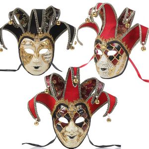 partys Full Face Hombres mujeres Venetian Theatre Jester crack Máscara de la mascarada con campanas Mardi Gras Party Ball Halloween Cosplay Máscara Disfraz 3 estilos