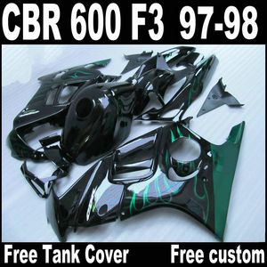 Ajuste completo para carenados HONDA F3 CBR600 1997 1998 CBR 600 97 98 llamas verdes en negro kit de carrocería carenado QY66