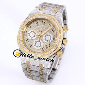 Montres diamantées entièrement glacées pavées de deux tons en or jaune chiffres arabes marqueurs cadran VK Quartz chronographe montre pour homme Sport Hello 299S