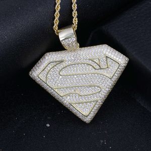 Charms de colgante de diamantes de circonía completo Hip Hop Superman 5a CZ Collar colgante Joyas de moda