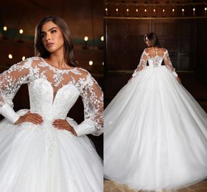 Vintage à manches longues une ligne robes de mariée arabe Dubaï Sheer Jewel Neck Appliques perles Robes de bal à balles Robes de mariée robes de mariage plus taille BC18607