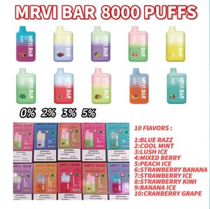 Entrepôt local Vape jetable Mrvi Bar 8000 Puff Vape Cigarette électronique originale avec 0% 2% 3% 5% Force Batterie rechargeable 650mAh Préremplie 15ml Pod Big Vapor Elf Box Kit