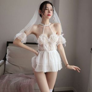 Lencería divertida, atuendo nupcial, uniforme de pasión para mujer, vestido de novia dulce puro de encaje, conjunto de princesa Sexy y transparente 2040